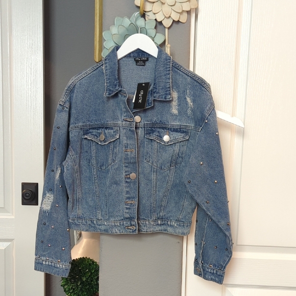 NWT City Chic Blue Denim Studded Jacket - Oversized - Picture 1 of 7